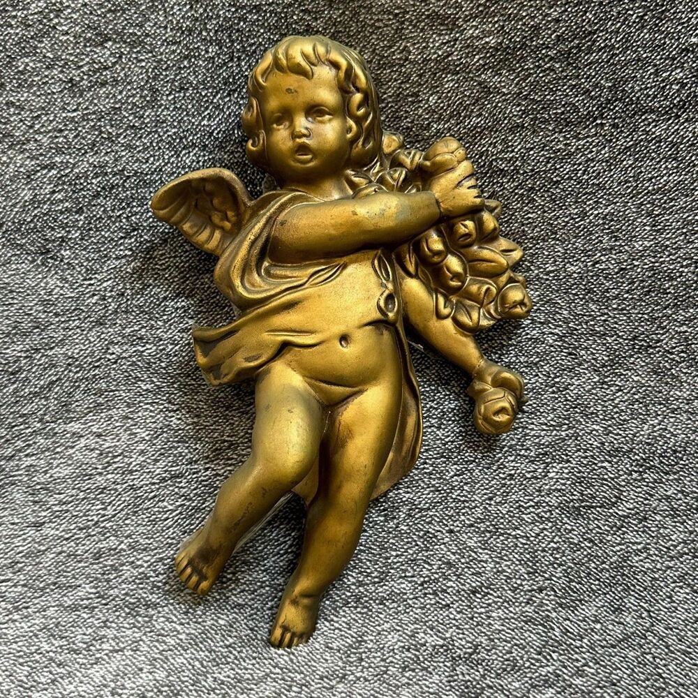 Vintage RB Japan Chalkware Cherub Angel Wall Plaque Gold Putti Roses 9" Read
